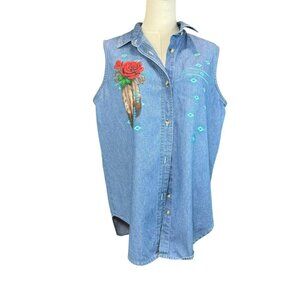 Luna Pier Denim Sleeveless Button-Front Shirt Western Rose Feather Print SZ:L